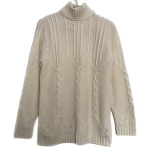 Vintage Cable Knit Turtleneck Sweater Women Medium Cream Wool Blend 70s Washable